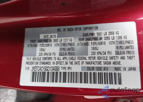 2016 Mazda Cx-9 Touring из США, поврежденный, VIN JM3TCACY9G0104998